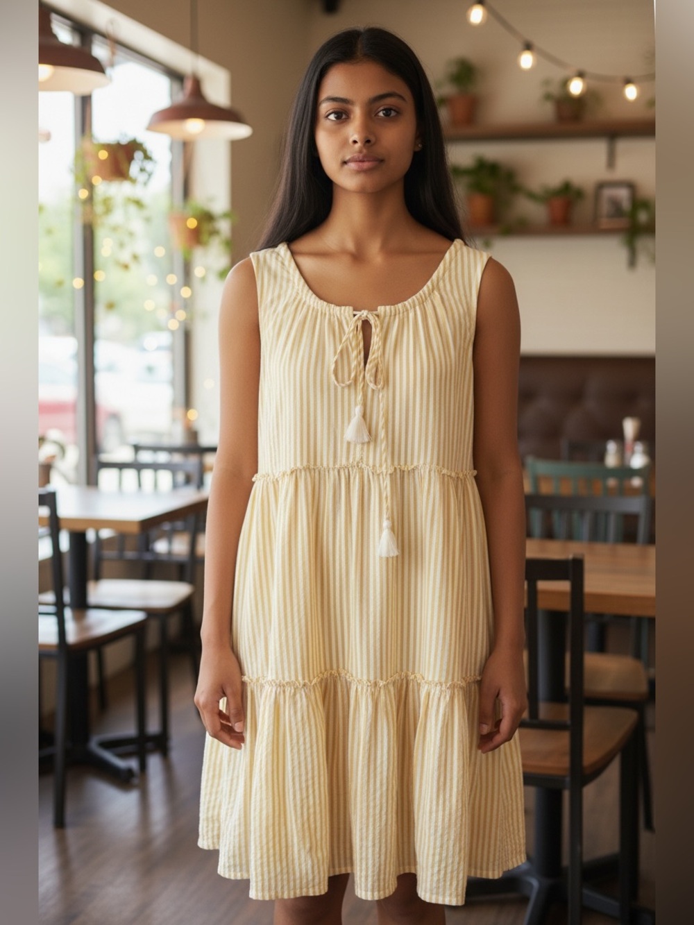 Hersy Cotton Yellow Striped Tiered Lined Sleeveless Tassel Sundress Spring‎